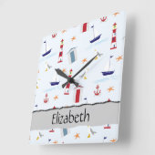 パター航海のン、マリンパターン、お名前 スクエア壁時計 (傾斜)