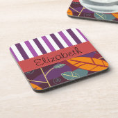 パター葉ン、紫のストライプ、お名前 コースター (左側)