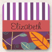 パター葉ン、紫のストライプ、お名前 コースター (正面)
