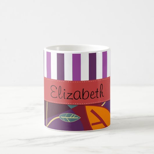 パター葉ン、紫のストライプ、お名前 コーヒーマグカップ (中央)