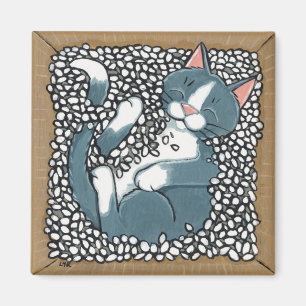 パッキングピーナツの箱で眠っている灰色のタキシード猫 マグネット