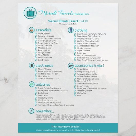 パッキングリスト：温暖な気候の旅行（1大人） (正面)