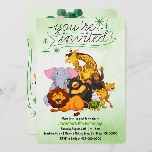 パックのサファリ動物パーティーに参加しよう 招待状 (正面/裏面)