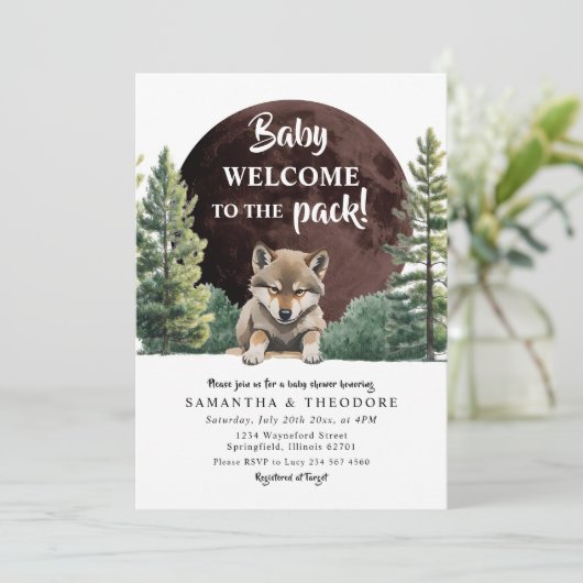 パックオオオカミの森の男の子の赤ちゃんシャワーへようこそ 招待状 (スタンド正面)