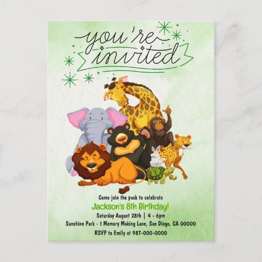 パック来サファリ動物パーティの招待状に参加 ポストカード (正面)