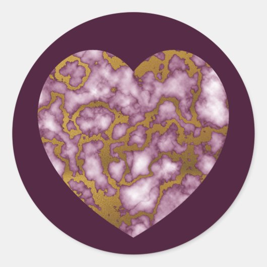 パッションピンクと金ゴールドマーブルテクスチャハート ラウンドシール (正面)