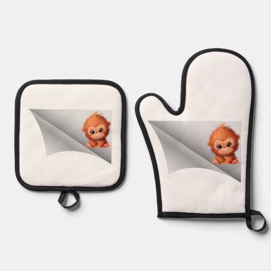 パッチの下の可愛いサル 鍋つかみ&鍋敷きセット (正面)