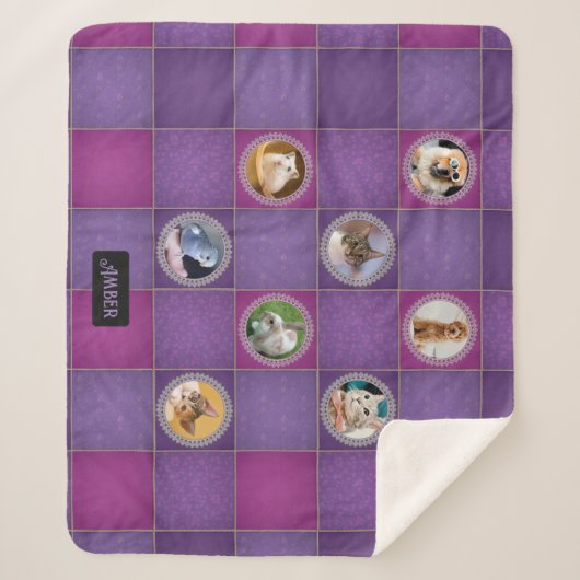 パッチを適用したメモリーキルト上のペットの写真 – 名前の追加 シェルパブランケット (正面)