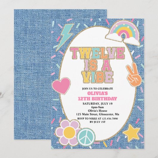 パッチデニムTwelve is a Vibe 12歳の誕生日 招待状 (正面/裏面)