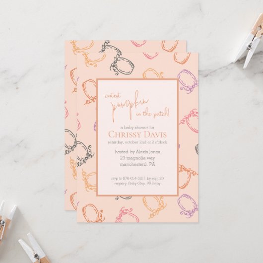 パッチベビーシャワー招待状でカボチャをキュート 招待状 (正面/裏面インサイチュ)