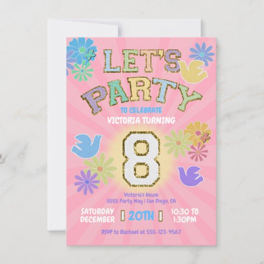 パッチレターバースデーパーティーレトロ名門私立校風のヒッピー 招待状 (正面)