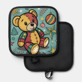 パッチワークお洒落クリスマステディベア 鍋敷き (正面/裏面)