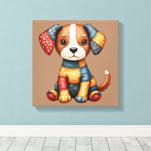 パッチワークお洒落パピーフォークアートコテージコア キャンバスプリント (インサイチュ (ウッドフロア))