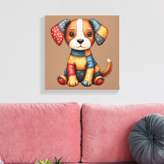 パッチワークお洒落パピーフォークアートコテージコア キャンバスプリント (インサイチュ (リビング))