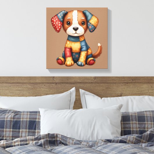 パッチワークお洒落パピーフォークアートコテージコア キャンバスプリント (インサイチュ (寝室))