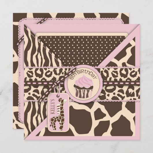 パッチワークのアニマルプリントのカップケーキの第6誕生日 招待状 (正面/裏面)