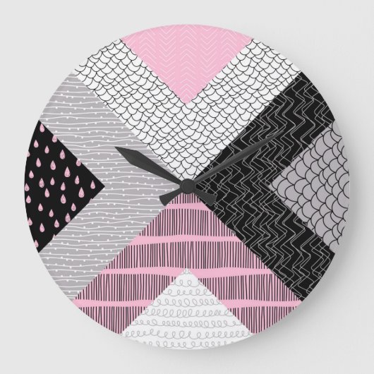 パッチワークのタイル、フリーハンドスケッチパターン。 ラージ壁時計 (正面)