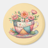 パッチワークのティーカップ　　遊び心あふれる花たち マグネット (正面)