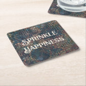 パッチワークのテクスチャグランジを適用した「Sprinkle Happiness」 スクエアペーパーコースター (アングル)