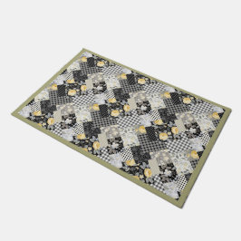 パッチワークのパターストライプンと黄色のバラ ドアマット