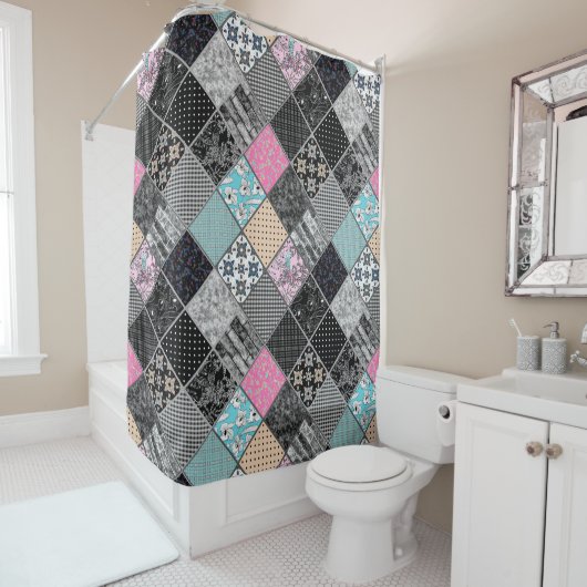 パッチワークのレトロヴィンテージ色パッチワークキルティング シャワーカーテン (インサイチュ)