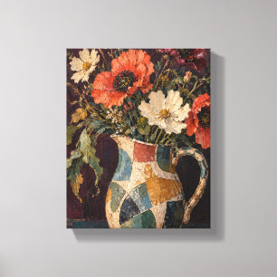 パッチワークの花瓶に活けたワイルド・ポピー 花の静物画 キャンバスプリント
