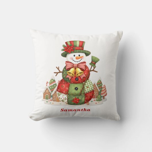 パッチワークの雪だるまクリスマス クッション (正面)