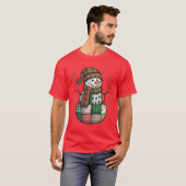 パッチワークの雪だるま レトロでおかしいクリスマス Xmas 雪 Tシャツ (正面フル)