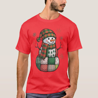 パッチワークの雪だるま レトロでおかしいクリスマス Xmas 雪 Tシャツ