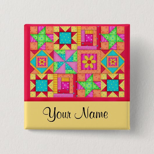 パッチワークカラフルキルトブロックアートピン 缶バッジ (正面)