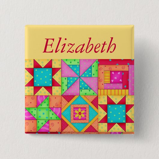 パッチワークカラフルキルトブロックアート名バッジ 缶バッジ (正面)