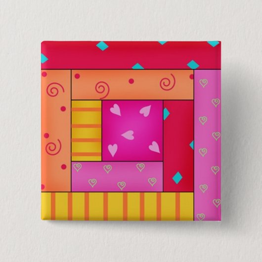 パッチワークカラフルキルトログキャビンブロックアートピン 缶バッジ (正面)