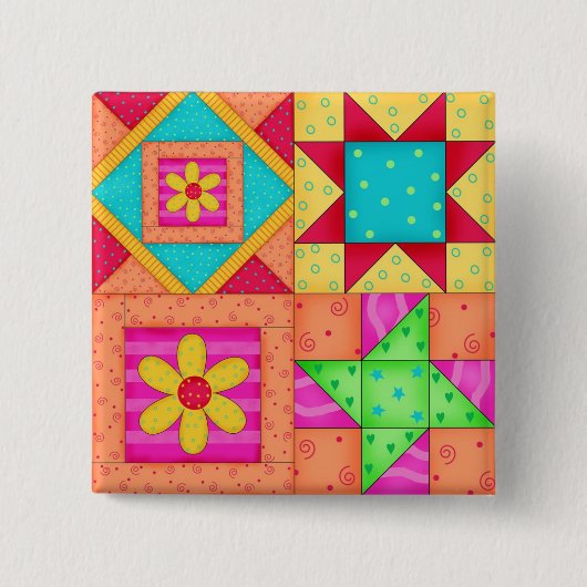 パッチワークカラフルキルト4ブロックピン 缶バッジ (正面)