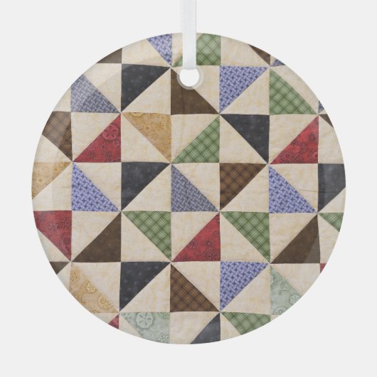パッチワークカラフルキルト：フラワーテクスチャ。 ガラスオーナメント (正面)