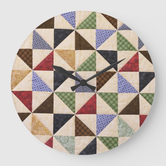 パッチワークカラフルキルト:フラワーテクスチャ。 ラージ壁時計 (正面)