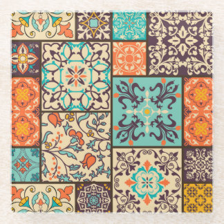 パッチワークカラフルタイル：イスラム教マジョリカのモチーフ ガラスコースター