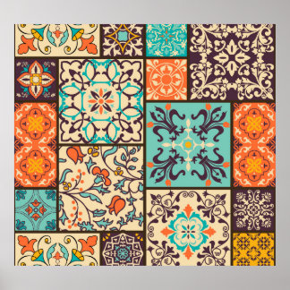 パッチワークカラフルタイル：イスラム教マジョリカのモチーフ ポスター