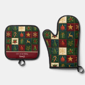 パッチワークカラフルパターン 鍋つかみ&鍋敷きセット (正面)