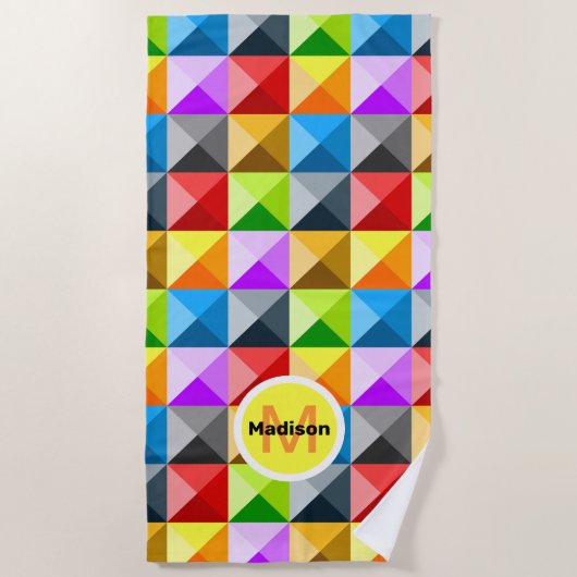 パッチワークカラフル幾何学模様モノグラム ビーチタオル (正面)