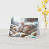 パッチワークキルトと寝る子猫の誕生日 カード (黄色い花)