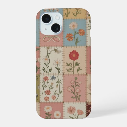 パッチワークキルトのバラの花モチーフのラバーズデザイン iPhone 15ケース (裏面)