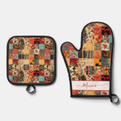 パッチワークキルトエフェクト 鍋つかみ&鍋敷きセット (正面)