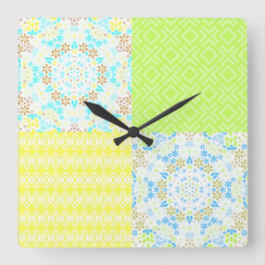 パッチワークキルト装飾用レトロヴィンテージフローラ型 スクエア壁時計 (正面)