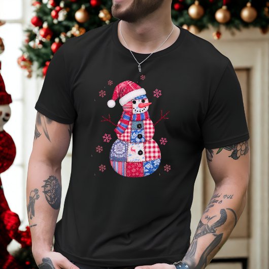 パッチワーククリスマススノーマンと雪の結晶 Tシャツ