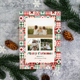 パッチワーククリスマスパステルピンク レッド グリーン 3枚写真入り シーズンカード