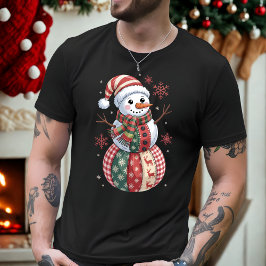パッチワーククリスマス雪だるまと雪片 Tシャツ