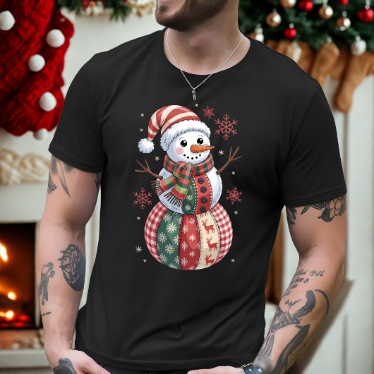 パッチワーククリスマス雪だるまと雪片 Tシャツ