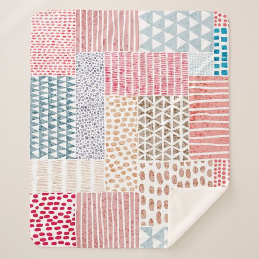 パッチワークスタイルかわいいドードルパターン シェルパブランケット (正面)