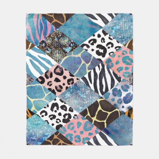 パッチワークスタイル、水色コラージュパターン。 フリースブランケット (正面)