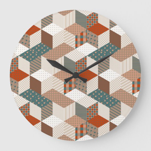 パッチワークスターズヴィンテージブラウングリーン ラージ壁時計 (正面)